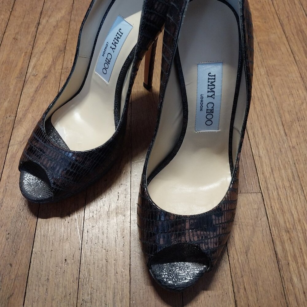 Jimmy choo lizard embossed patent pumps